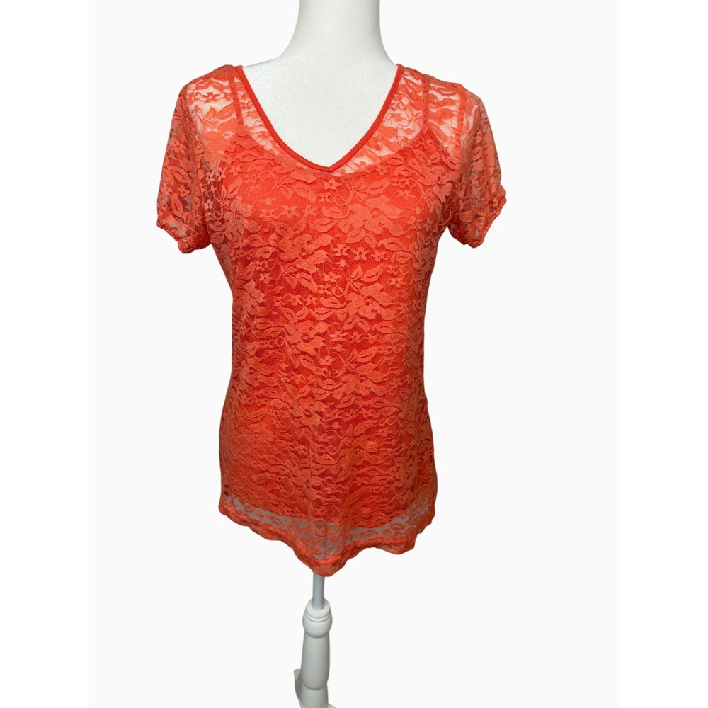 Bobbie Brooks Women's L Orange Floral Lace V-Neck Top Stretch Short Sleeve